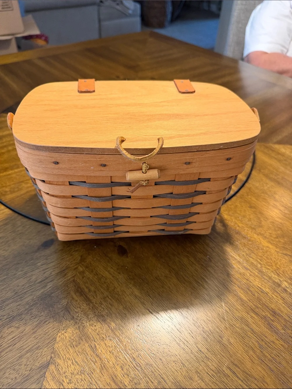 Longaberger Natural and Gray Woven Picnic Basket with Lid